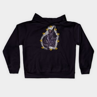 Cute fluffy bunny rabbit with sunflowers of summer - ebony colored coloured lionhead bunny rabbit with pink background Kids Hoodie